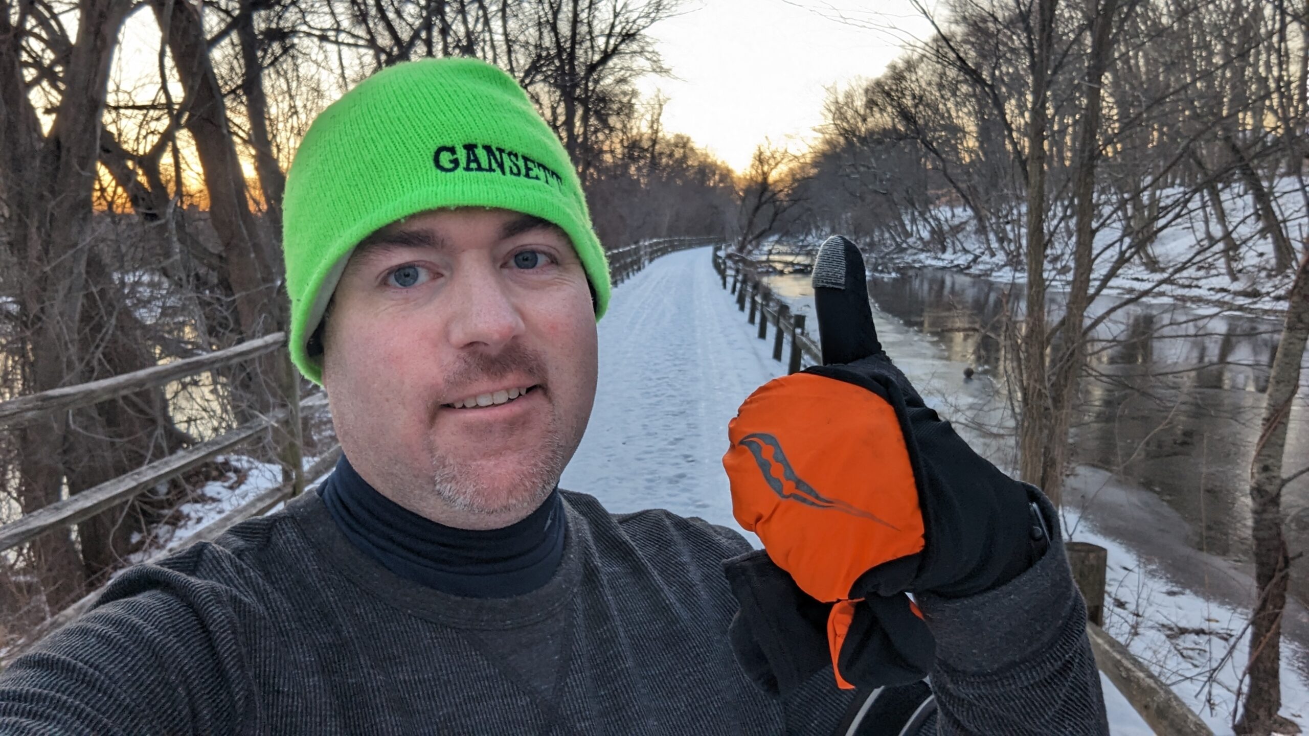 Selfie running in the winter along the Blackstone Bike Path